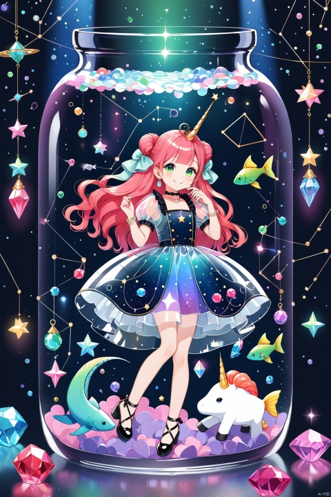 minigirl,jewelry,pink hair,green eyes,ring,choker,earrings,solo,long hair,looking at viewer,constellation,,star (symbol),smile,,fish,puffy sleeves,short sleeves,puffy short sleeves,gem,makeup,unicorn,upper body,see-through,food,full body