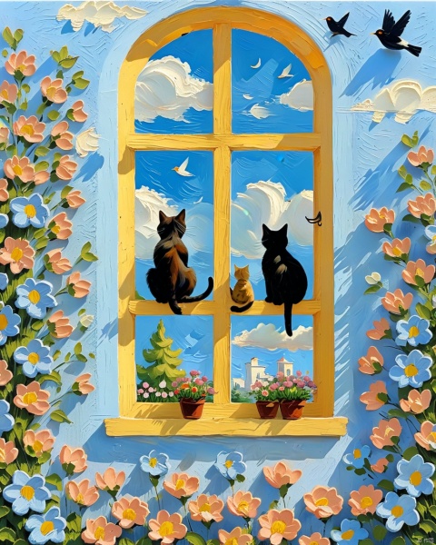 Two cats, flowers, outdoor, sky, trees, no one, windows, birds, architecture, scenery, house, oil painting style