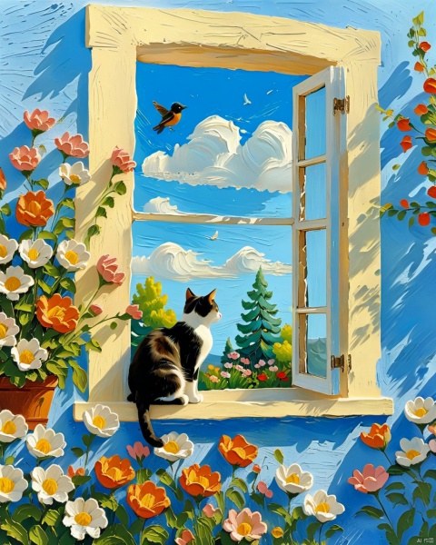 A cat, flowers, outdoor, sky, trees, no one, windows, birds, architecture, scenery, house, oil painting style
