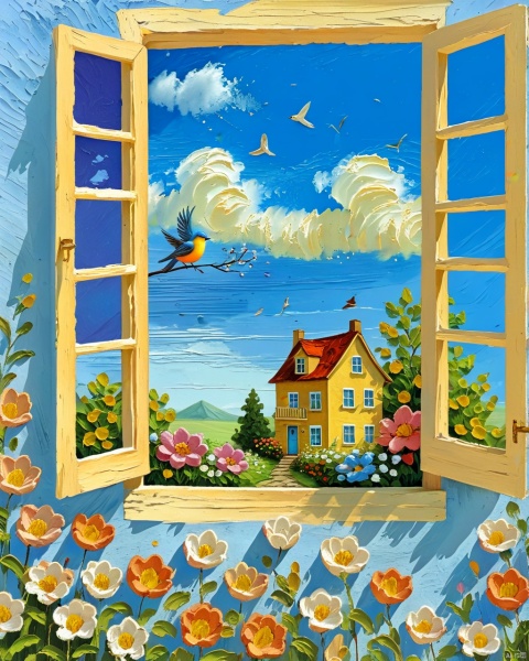 flower, outdoors, sky, tree, no humans, window, bird, building, scenery, house,oil painting style