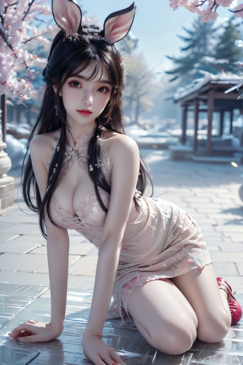  (ice:1.5), 1 girl, snow, cute animals, girl enjoying the happiness brought by the festival, colorful, goddess, xiqing, 1girl,pencil_skirt,yellow_footwear,black_hair,long_hair, (\shuang hua\)