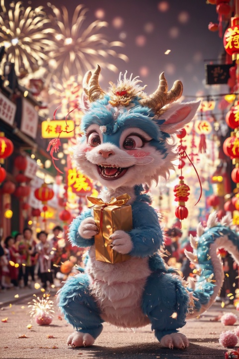  A Chinese dragon, cartoon pet, holding Spring Festival couplets (Happy New Year) in its claws, singing and dancing, with its entire body in front of it, in Chinatown, dunhuang, (\shi shi ru yi\), hat,red elements, Chinese dragon,fireworks