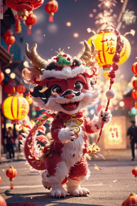  A Chinese dragon, cartoon pet, holding Spring Festival couplets (Happy New Year) in its claws, singing and dancing, with its entire body in front of it, in Chinatown, dunhuang, (\shi shi ru yi\), hat,red elements, Chinese dragon,fireworks,flying dragons in the sky,strolling lanterns