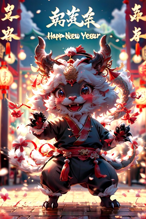  A Chinese dragon, cartoon pet, holding Spring Festival couplets (Happy New Year) in its claws, singing and dancing, with its entire body in front of it, in Chinatown, dunhuang, (\shi shi ru yi\), hat,red elements, Chinese dragon