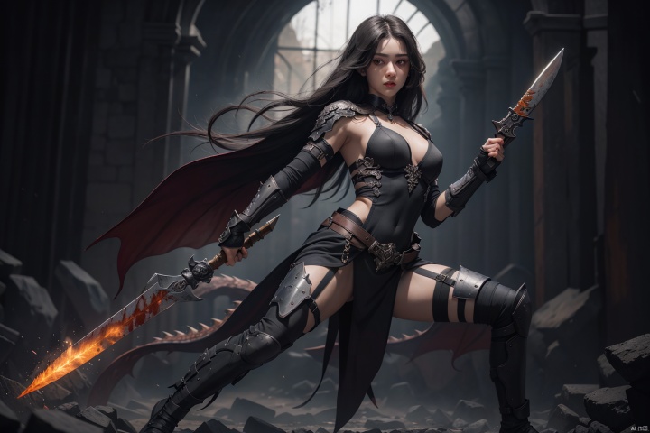  Best quality, masterpiece, ultra high res, 1 girl, beautiful face, detailed skin, gu, dragon, full body, weapon, black hair, holding weapon, blood, arm guards, male focus, looking at viewer, black eyes, tabi, floating hair, full body, orange, hands up