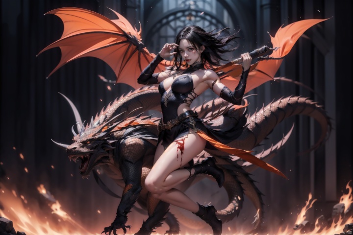  Best quality, masterpiece, ultra high res, 1 girl, beautiful face, detailed skin, gu, dragon, full body, weapon, black hair, holding weapon, blood, arm guards, male focus, looking at viewer, black eyes, tabi, floating hair, full body, orange, hands up,