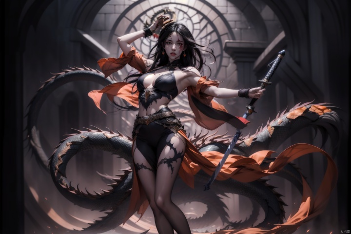  Best quality, masterpiece, ultra high res, 1 girl, beautiful face, detailed skin, gu, dragon, full body, weapon, black hair, holding weapon, blood, arm guards, male focus, looking at viewer, black eyes, tabi, floating hair, full body, orange, hands up, ((poakl))