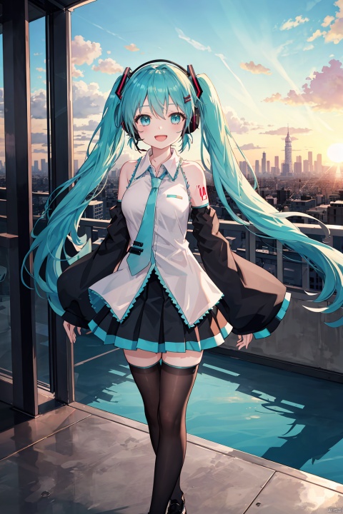 1girl, aircraft, aqua_eyes, aqua_hair, black_legwear, black_skirt, black_sleeves, blue_hair, building, city, cityscape, cloud, detached_sleeves, evening, floating_hair, ground_vehicle, hair_ornament, hatsune_miku, headphones, long_hair, open_mouth, orange_sky, outdoors, scenery, shirt, skirt, sky, smile, speaker, standing, sunrise, sunset, thighhighs, tower, twilight, twintails, very_long_hair