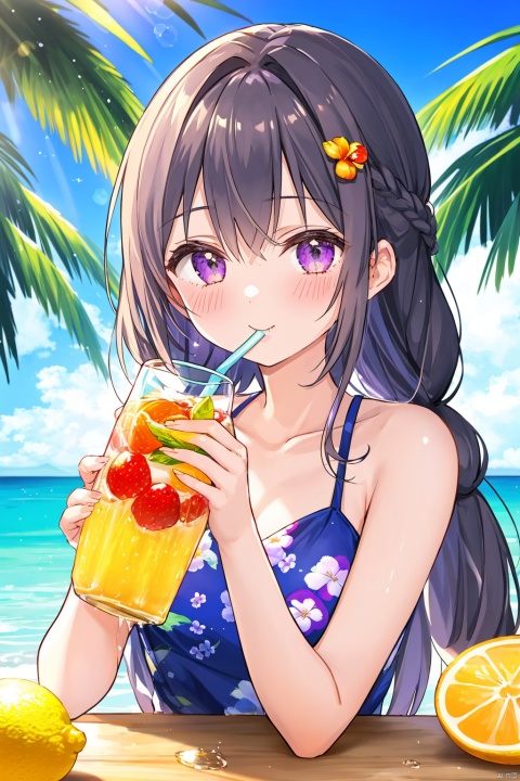 1girl, bangs, bottle, cherry, cup, drink, drinking_glass, drinking_straw, eyebrows_visible_through_hair, floral_print, flower, food, fruit, glass, holding_bottle, ice, ice_cube, lemon, lemon_slice, long_hair, looking_at_viewer, orange_slice, purple_eyes, solo, tropical_drink, upper_body, water_bottle