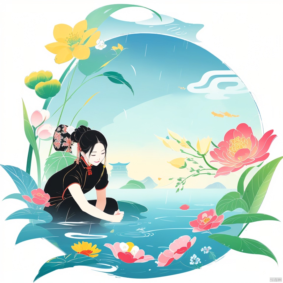  the 24 Traditional Chinese Solar Terms\(Rain Water\),flat,bright  background,flower,water，