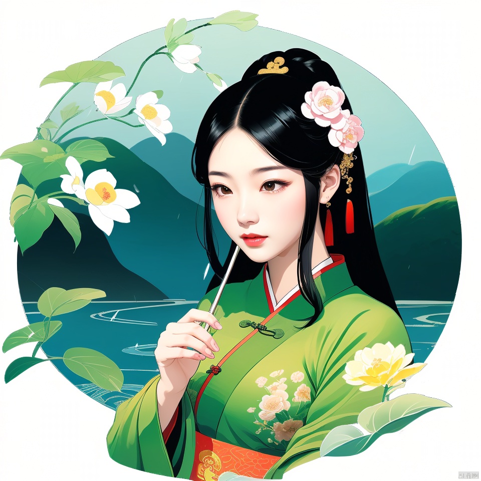  the 24 Traditional Chinese Solar Terms\(Rain Water\),flat,bright  background,flower,water，chinese classical woman with green clothes in song dynasty style