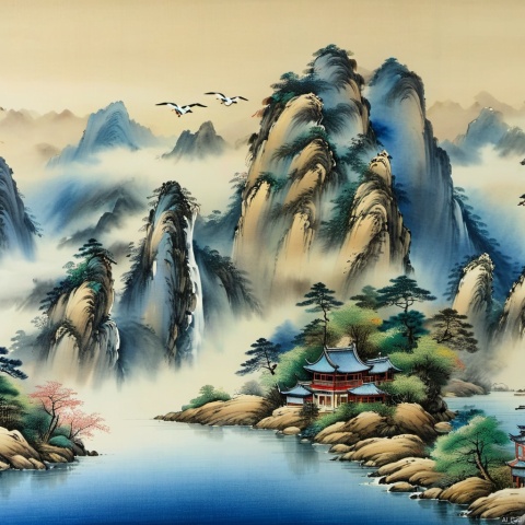 (High Quality), Best Quality, (4K), 8K, Super Detail, (Full Detail), (Masterpiece), (Realistic), Super Detail, (Exquisite Detail), Intricate, Traditional Chinese Ink Painting,Mountain peaks, white clouds, blue sky, flowing water,Wild goose