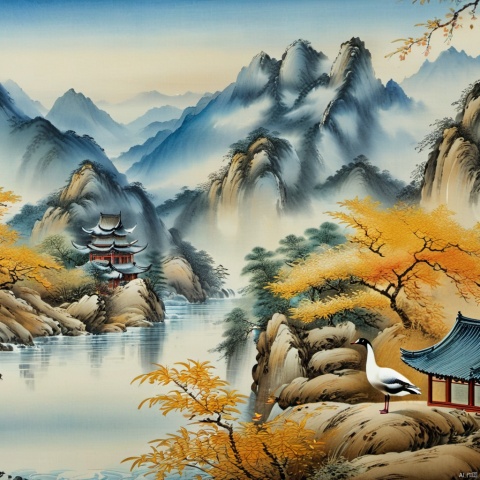 (High Quality), Best Quality, (4K), 8K, Super Detail, (Full Detail), (Masterpiece), (Realistic), Super Detail, (Exquisite Detail), Intricate, Traditional Chinese Ink Painting,Mountain peaks, white clouds, blue sky, flowing water,Wild goose