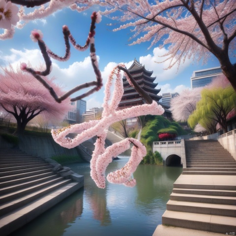 亭台楼阁,river,outdoors, sky, cloud, water, tree, petals, no humans, cherry blossoms, building, scenery, stairs, architecture, east asian architecture