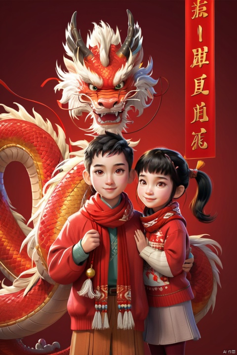  A cute and humanized red Chinese dragon and a Chinese little girl, in Pixar style, both wearing human red sweaters and tying a red woolen scarf around their necks, performing the same congratulatory gesture. The red background is very festive, with Chinese elements, welcoming the new year. 32k

