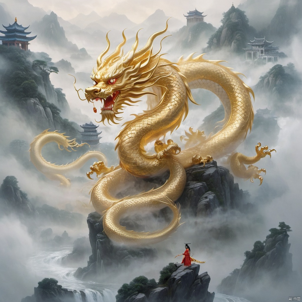  The Chinese Loong formed by gold and water has four dragon claws. The fog covers part of the dragon's body, and the dragon's body is indistinct, 1girl