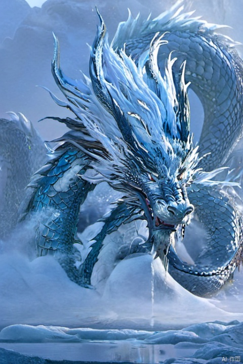  The Chinese Loong formed by ice and water has four dragon claws. The fog covers part of the dragon's body, and the dragon's body is indistinct