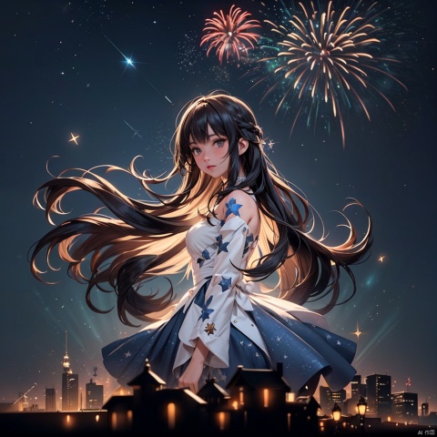  aurora, backlighting, city lights, constellation, diffraction spikes, fireworks, lens flare, light, light particles, light rays, long hair, silhouette,solo,sparkle, star \(sky\), starry background,