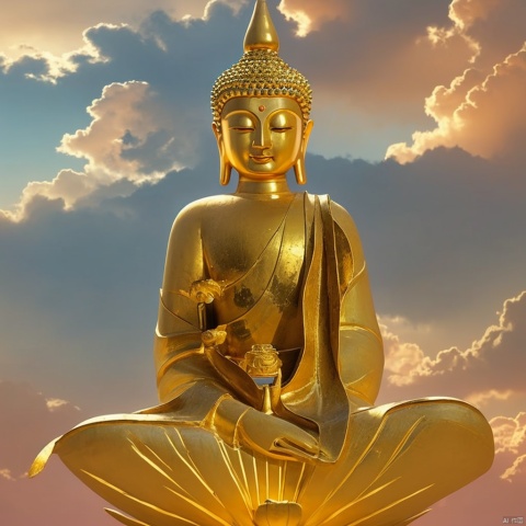  Ancient Chinese Buddha,Golden Sakyamuni sits in meditation on a golden lotus canopy.,surrounded by golden lightThe clouds of sunset.Look straight ahead,Surrounded by golden light,Normal hands, normal legs.