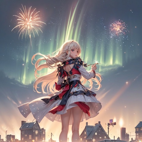  aurora, backlighting, city lights, constellation, diffraction spikes, fireworks, lens flare, light, light particles, light rays, long hair, silhouette,solo,sparkle, star \(sky\), starry background,red