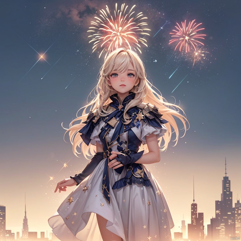  aurora, backlighting, city lights, constellation, diffraction spikes, fireworks, lens flare, light, light particles, light rays, long hair, silhouette,solo,sparkle, star \(sky\), starry background,red