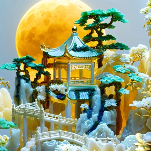  best quality,Scenery, Jade, Altar,sapphire,mountains, Chinese architecture, pavilions, trees, pagodas, golden outline,C4D,8K, high detailed,moon