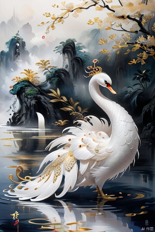  best quality,ultra-detailed,masterpiece,
The meiyu is elegant, its body resembling that of an elegant, pearl white swan. Its eyes are gentle and its feathers are delicate and white, with strands of glistening gold woven into them. As it moves, it leaves a trail of white feathers, with golden highlights, bringing beauty and grace to all who witness it.彩虹