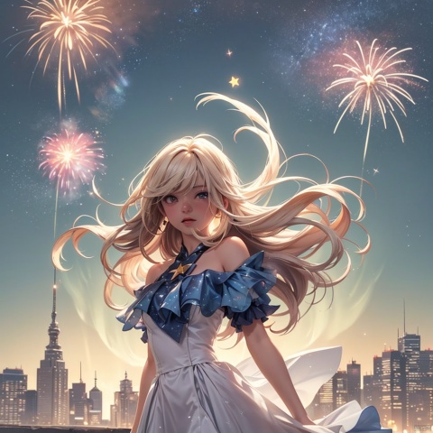  aurora, backlighting, city lights, constellation, diffraction spikes, fireworks, lens flare, light, light particles, light rays, long hair, silhouette,solo,sparkle, star \(sky\), starry background,red