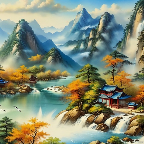 (High Quality), Best Quality, (4K), 8K, Super Detail, (Full Detail), (Masterpiece), (Realistic), Super Detail, (Exquisite Detail), Intricate, Traditional Chinese Ink Painting,Mountain peaks, white clouds, blue sky, flowing water,Wild goose