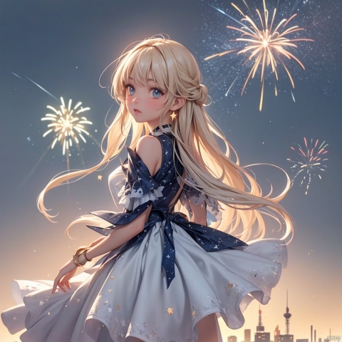  aurora, backlighting, city lights, constellation, diffraction spikes, fireworks, lens flare, light, light particles, light rays, long hair, silhouette,solo,sparkle, star \(sky\), starry background,red