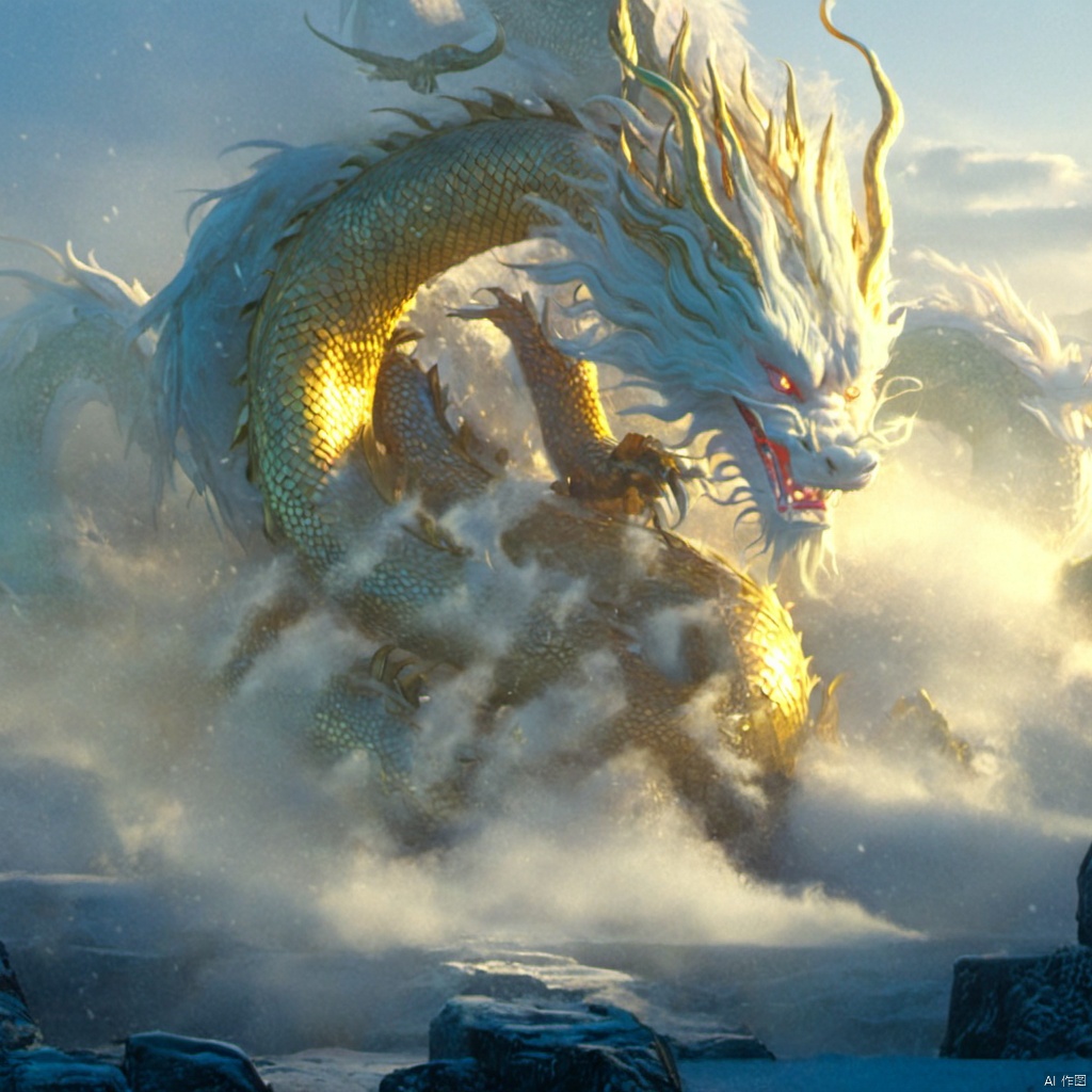  The Chinese Loong formed by gold and water has four dragon claws. The fog covers part of the dragon's body, and the dragon's body is indistinct