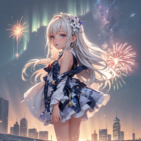  aurora, backlighting, city lights, constellation, diffraction spikes, fireworks, lens flare, light, light particles, light rays, long hair, silhouette,solo,sparkle, star \(sky\), starry background,red