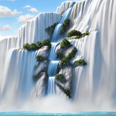 8K, meticulously drawn, high-quality, ultra clear image quality, clear details, front view, panoramic view, blue sky, white clouds, sunlight shining on the waterfall, distant view of the waterfall hanging in front of the river, flowing down three thousand feet, suspected of the Milky Way falling into the sky