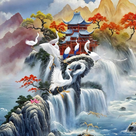 Chinese, illustrations, white cranes, trees, flowers, clouds, sky, mountains, scenery, flowing water, clouds and mist, no one, Chinese architecture, architecture, scenery, masterpieces, the best quality, tradition,