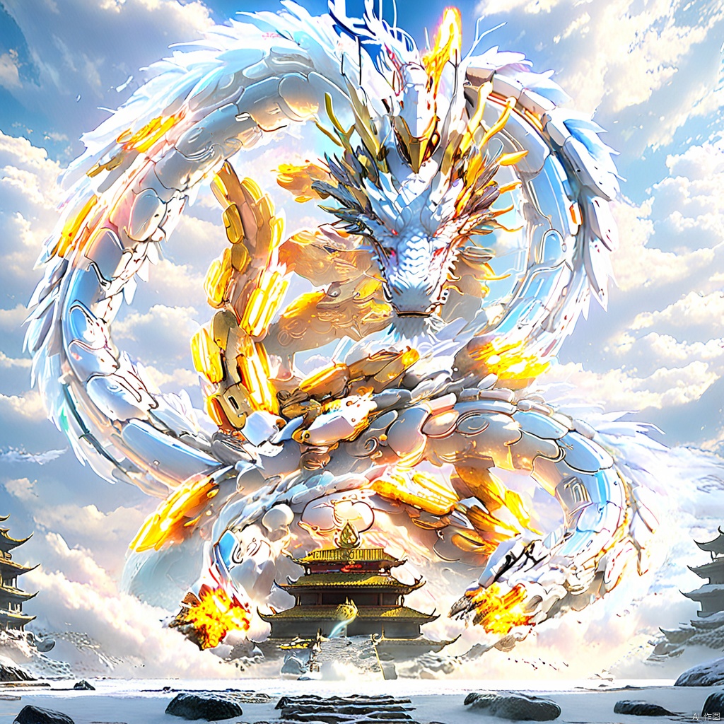 Panoramic view, advanced style design, Chinese Loong, full body crystal, gem, golden appearance, futuristic style, reflective effect, simple and clear crystal material, white background, studio lighting, real material texture, smooth lines and exquisite product design. Butane rendering engine, Unreal engine, ultimate fine details, metallic texture, and tension composition,mecha dragon
