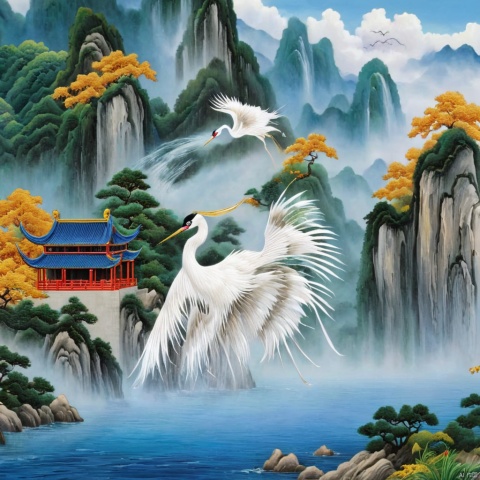 Chinese, illustrations, white cranes, trees, flowers, clouds, sky, mountains, scenery, flowing water, clouds and mist, no one, Chinese architecture, architecture, scenery, masterpieces, the best quality, tradition,