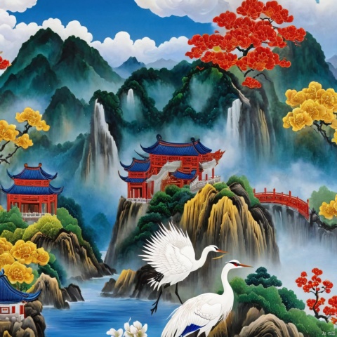 Chinese, illustrations, white cranes, trees, flowers, clouds, sky, mountains, scenery, no one, Chinese architecture, architecture, scenery, masterpieces, the best quality, tradition,