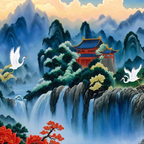 Chinese, illustrations, white cranes, trees, flowers, clouds, sky, mountains, scenery, flowing water, clouds and mist, no one, Chinese architecture, architecture, scenery, masterpieces, the best quality, tradition,