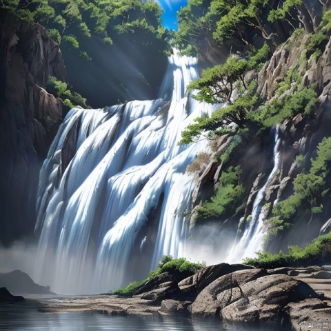 8K, meticulously drawn, high-quality, ultra clear image quality, clear details, front view, panoramic view, blue sky, white clouds, sunlight shining on the waterfall, distant view of the waterfall hanging in front of the river, flowing down three thousand feet, suspected of the Milky Way falling into the sky