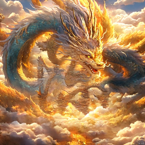 Gold, Dragon, Clouds, No Man, Best Quality, 8K, Fine Painted, High Quality, Ultra Clear Image Quality, Clear Details, Bright, Fluorescent, Edge Glow