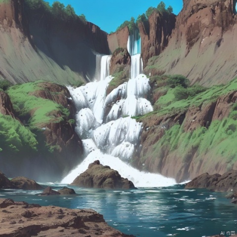 8K, meticulously drawn, high-quality, ultra clear image quality, clear details, front view, panoramic view, blue sky, white clouds, sunlight shining on the waterfall, distant view of the waterfall hanging in front of the river, flowing down three thousand feet, suspected of the Milky Way falling into the sky, flowing water