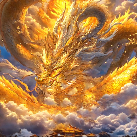  Gold, Dragon, Clouds, No Man, Best Quality, 8K, Fine Painted, High Quality, Ultra Clear Image Quality, Clear Details, Bright, Fluorescent, Edge Glow, Golden Dragon Scale