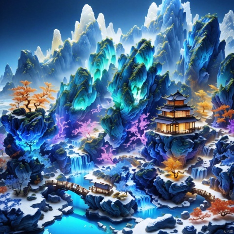  Micro landscape, Chinese three-dimensional landscape painting, Zen aesthetics, Zen composition, Chinese architectural complex, blue copper mine, peacock green, flowing particles, macro lens, rich light, glowing mountains, high mountains, clouds, minimalism, ultimate details, unparalleled details, electric effects, realism, 3D rendering, fine details