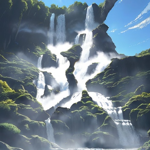 8K, meticulously drawn, high-quality, ultra clear image quality, clear details, front view, panoramic view, blue sky, white clouds, sunlight shining on the waterfall, distant view of the waterfall hanging in front of the river, flowing down three thousand feet, suspected of the Milky Way falling into the sky