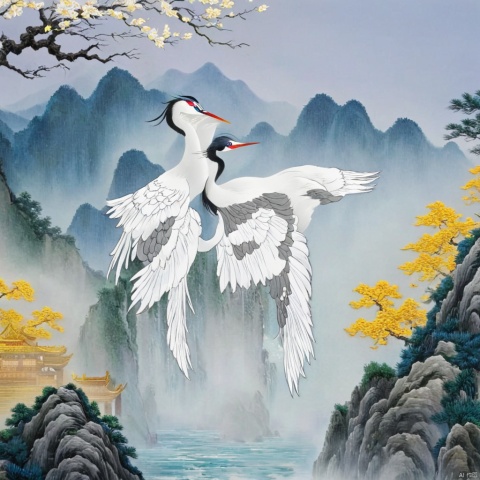Chinese, illustrations, white cranes, trees, flowers, clouds, sky, mountains, scenery, flowing water, clouds and mist, no one, Chinese architecture, architecture, scenery, masterpieces, the best quality, tradition,