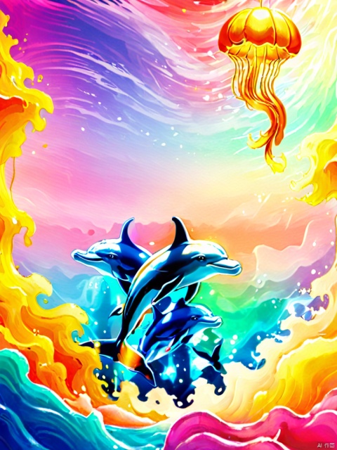  Magical dreams, landscapes, photorealestic, Illustration of dolphins swimming in colorful waters, Look up at the composition, Jellyfish and whales