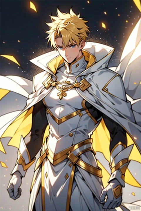 messy yellow hair,tall,short
hair, white_gloves, white cape,1 male,strong