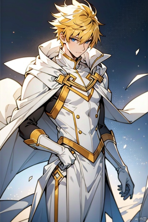 messy yellow hair,tall,short
hair, white_gloves, white cape,1 male,strong