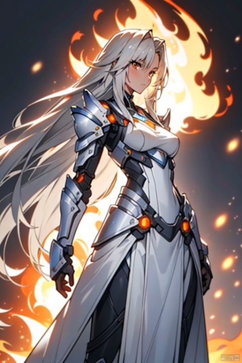  messy silver hair,orange eyes,slim,tall,long 
hair, Science Fiction Battle Armor,1 female,fire








