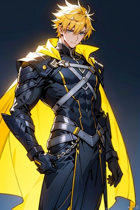 messy yellow hair,tall,short
hair, black_gloves, shoulder_cape,1 male,strong